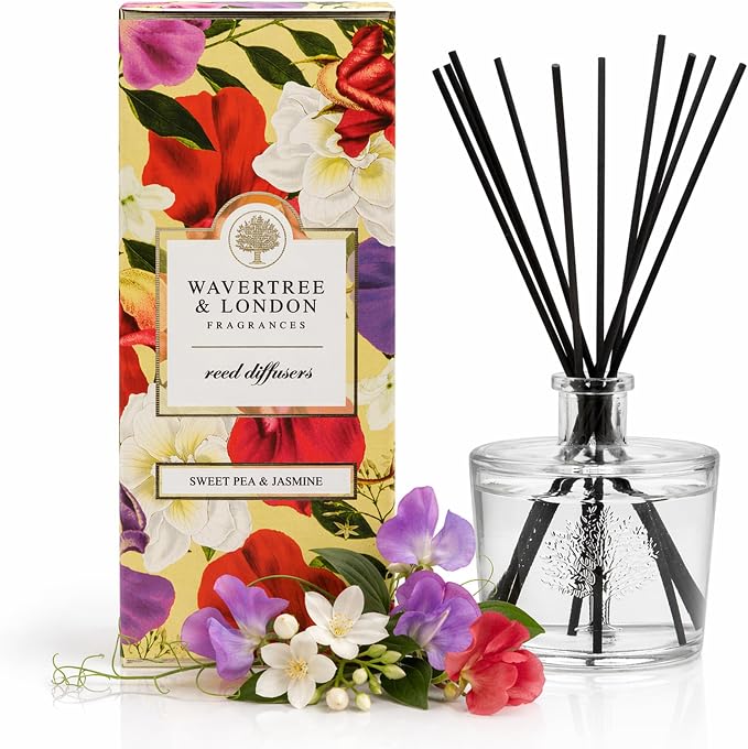 Wavertree & London Natural Sweet Pea & Jasmine Scented Reed Diffusers Set - Lasting Aromatherapy Air Freshener Diffuser with Sticks for Home & Office | 250ml Scented Diffuser with 6 Months Scent Life