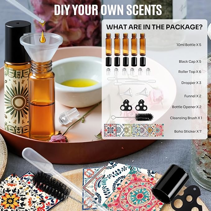 Roller Bottles for Essential Oils Roll On Bottles 5 Pack, 10ml Amber Rollerball Bottle Thick Glass Empty with Oil Perfume Lip Gloss DIY Kits Boho Stickers Leak-Proof Refillable for Travel, Gift