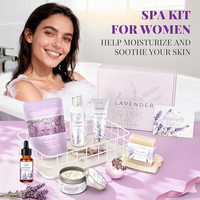Gifts for Women, Lavender Bath and Body Gift Basket Relaxing Spa Self Care Gift, Mothers Day Gifts Happy Birthday Gift Baskets, Thank You for Mom Her Sister Wife Girlfriend Teacher Friends Friendship