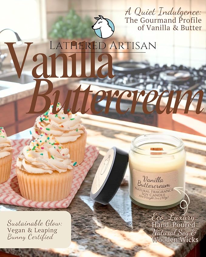 Lathered Artisan Vanilla Buttercream Natural Fragrance Candle 3 oz, Hand Crafted Pure Soy Wax Candle with Wooden Wick, Vanilla Bean, 23 Hour Burn Time, Natural Aromatherapy Glass Jar Candle with Lid