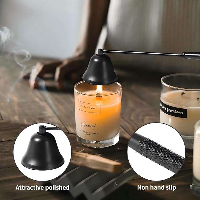 2-Piece Candle Extinguisher with Long Handle for Safe Extinguishing Candle Flames, Ideal Candle Fire Tools (Black)