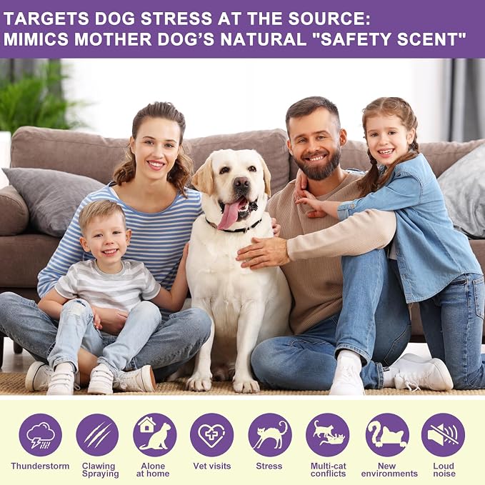 Dog Pheromone Calming Diffuser for Dogs, 4×48ml Refills & 2×Diffusers, Anxiety Relief for Separation, Thunder, Fireworks, Stop Barking, Chewing & Marking, Safe for Pets & Home