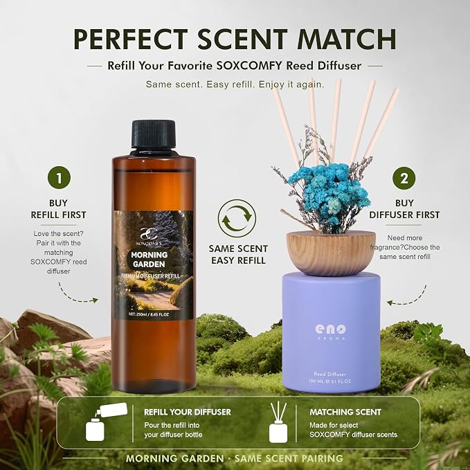 Diffuser Oil Refill, 250ml / 8.45 fl oz, Morning Garden - Reed Diffuser Oil Refill for Home Fragrance, Scented Oil for Reed Diffuser Bottles, Citrus, Jasmine & Fir Notes