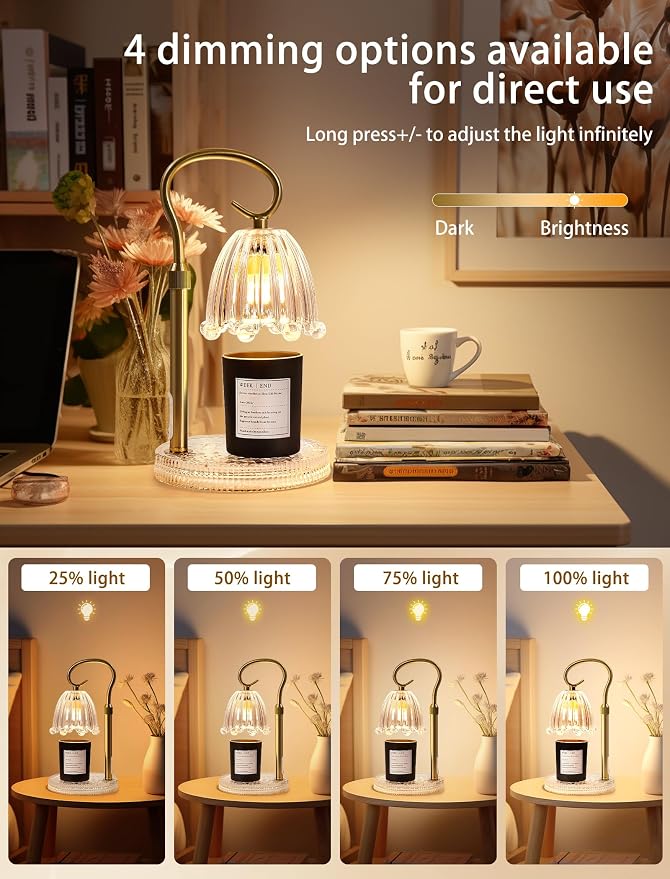 Candle Warmer Lamp with Timer & Dimmer, Crown Glass Lamp Candle Warmer for Jar Candles, UPGRATED with 3 Bulbs, Height Adjustable Electric Wax Warmer for Elegant Home Decor