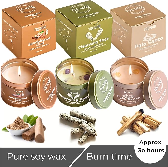 Cleansing Sage, Palo Santo, Sandalwood Oud - Soy Candles Non Toxic - Highly Scented Long Lasting with Essential Oils - Variety Pack of 3 x 5oz - for Home Aromatherapy Meditation Gift Travel