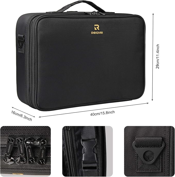 Relavel Travel Makeup Train Case Cosmetic Case Organizer Portable Artist Storage Bag with Adjustable Dividers for Cosmetics Makeup Brushes Toiletry Jewelry Digital Accessories