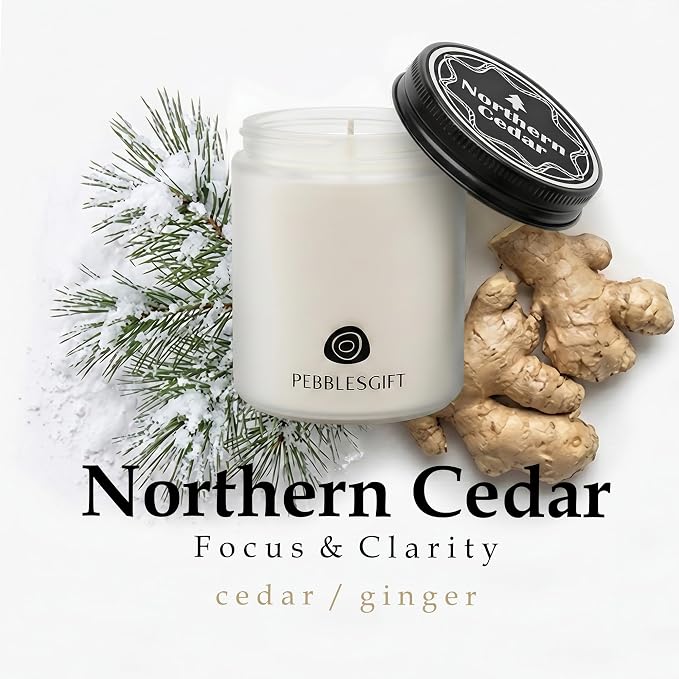 Northern Cedar Woody Scented Candle 9oz Soy Wax Frosted Glass Jar for Home Decor - Scent Hunter Scented Card Included - Ideal Gift for Self-Care & Relaxation for Men & Women Gift