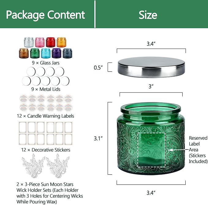 10 oz Multi-color Sun Moon Stars Candle Jars with Metal Lids, 9 Pack | Patented Embossed Design, Includes Wick Centering Devices & Warning Labels, Multiple Color Options