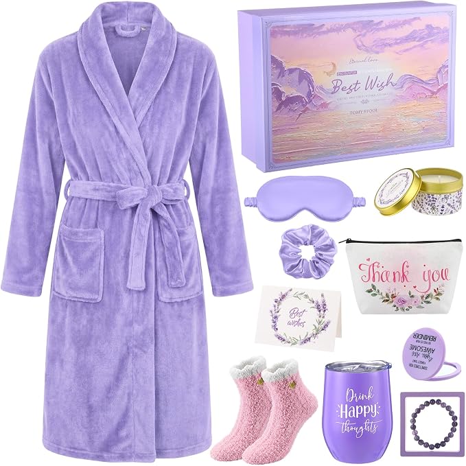 Sieral 12 Pcs Birthday Gifts for Women Spa Basket Set for Women Mother's Day Gifts Flannel Bathrobe Tumbler Scented Candle Makeup Bag Eye Mask Mirror Bracelet for Mom, Nurse, Wife, Girlfriend