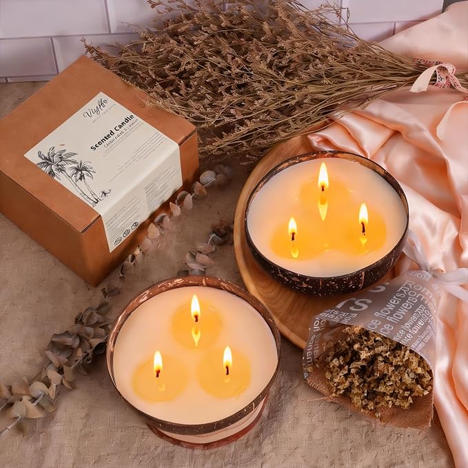 Viyffo Fresh Linen Scented Candle, Large 18oz 3 Wick Non Toxic Soy Candles, Natural Coconut Shell Candles for Home, Clean & Fresh Aromatherapy for Relaxation & Spring Décor, Gift for Women & Men