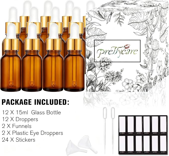PrettyCare Glass Eye Dropper Bottles 24 Pack, 0.5oz (15ml) Small Amber Empty Thick Bottles with Leakproof Golden Caps - With Labels & Funnels for Storage, Travel, Essential Oils, Tinctures