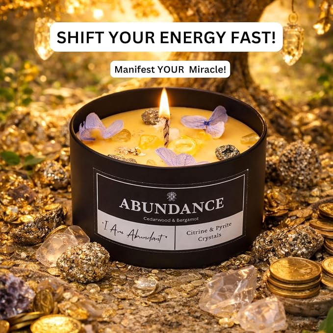 Abundance Crystal Candle – Citrine & Pyrite Crystals for Wealth & Success. Infused Cedarwood & Bergamot Scented Manifestation Candle with Gold Leaf & Hydrangea. Spiritual Gifts for Women