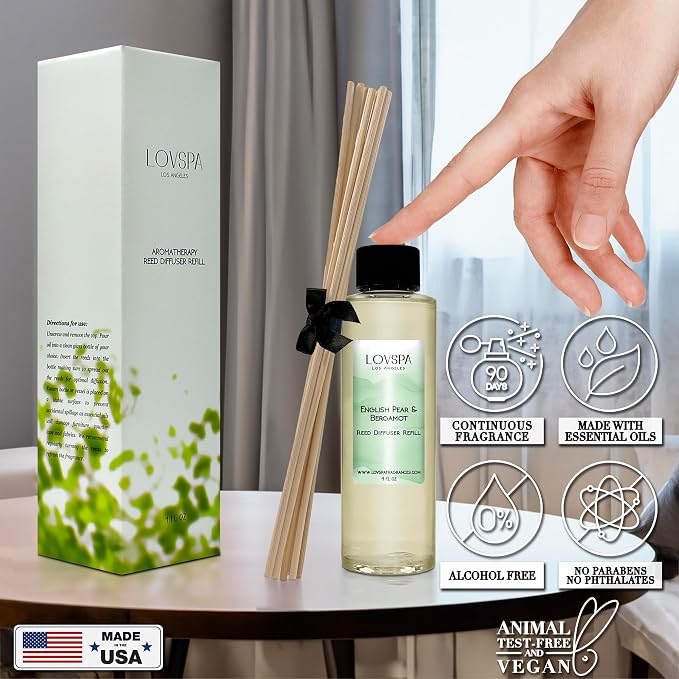 English Pear & Bergamot Diffuser Oil - Luxury Essential Oils for Diffuser Refill & Air Freshener Room Spray - Long-Lasting & Natural Home Fragrance, Scented Oil for Diffusers, USA Made, 4oz