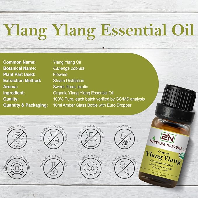 Ylang Ylang Essential Oil, USDA Certified Organic, 100% Pure Undiluted, Aromatherapy Oil for Diffuser, Hair & Skin Care