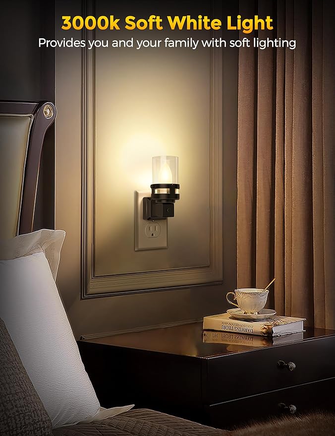 Briignite Candle Night Light Plug in [2 Pack], Vintage Night Lights Plug into Wall, LED Night Light with Dusk to Dawn Light Sensor, 3000K Warm White Candle Nightlight for Kids Hallway Bathroom Bedroom