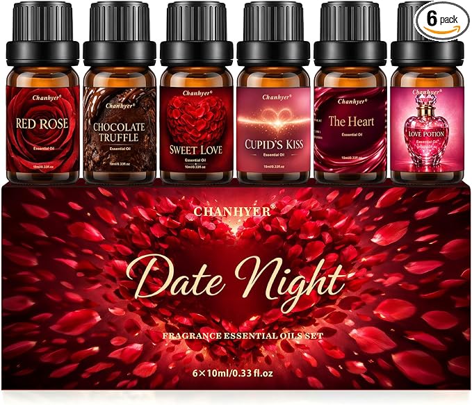 Premium Fragrance Oil Set for a Date Night 6x10ml-Red Rose,Chocolate Truffle,Sweet Love,Love Potion,Cupid's Kiss,The Heart-for Diffusers,Candle&Soap Making,&Aromatherapy