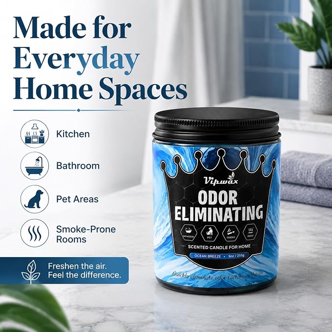 9 oz Ocean Breeze Odor Eliminating Candles for Home Scented, Eliminates 99% of Pet, Smoke, Food and Other Smells Quickly, Highly Fragranced Candle, Premium Soy Candles Set for Women
