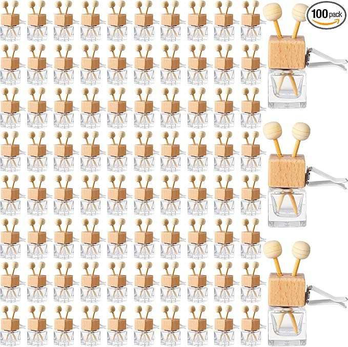 Zubebe 100 Pcs Car Diffuser Bottles Empty Bulk Vent Clip Car Air Freshener Diffuser for Essential Oil Perfume Glass Bottle with Wooden Caps Stick Fragrance Ornament (Colorless)