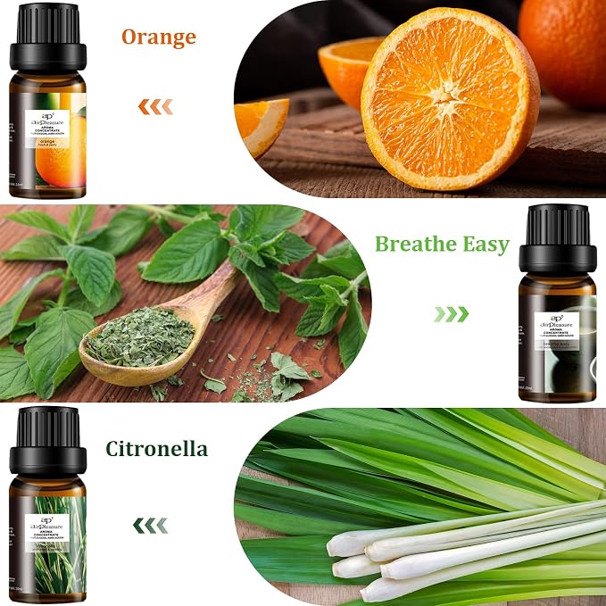 Refresh Essential Oils Set, 6x10ml Fragrance Oils Kit for Diffuser, Humidifier, Aromatherapy, Air Purifier - Orange, Breathe Easy, Citronella, Jasmine & Camellia, Lemon, Lavender