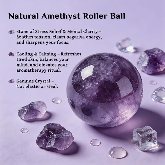PrettyCare Rose Quartz Roller Bottles for Essential Oils, 50ml Roll On Bottles with Natural Crystal Roller Ball Applicator, Refillable Amber Glass Perfume Bottle (1 Pack, Purple Roller)