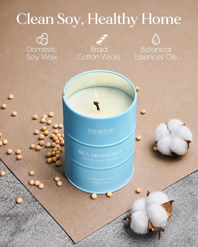 M&SENSE Sea Minerals Scented Candles Ocean Large,21.2 oz | Natural Soy, 21.2oz, 120 Hour Slow Burning, Stress Relief Meditation Relaxing