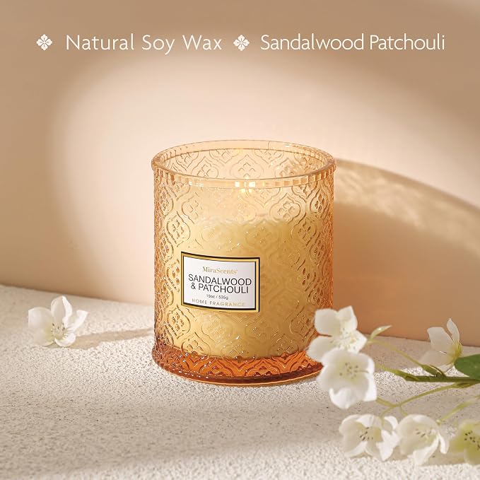 Sandalwood & Patchouli Candle, Luxury Decorative Glass Candle 19oz, Soy Wax Scented Gift for Women, Elegant Home Fragrance