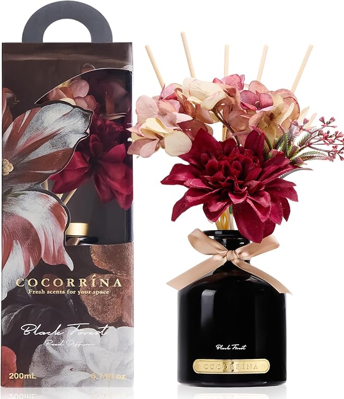 COCORRÍNA Reed Diffuser Set, 6.7oz Flower Reed Diffuser with Sticks,Black Forest Essential Oil, Long Lasting Home Fragrance for Bathroom, Bedroom & Shelf Decor, Aesthetic Gift for Women