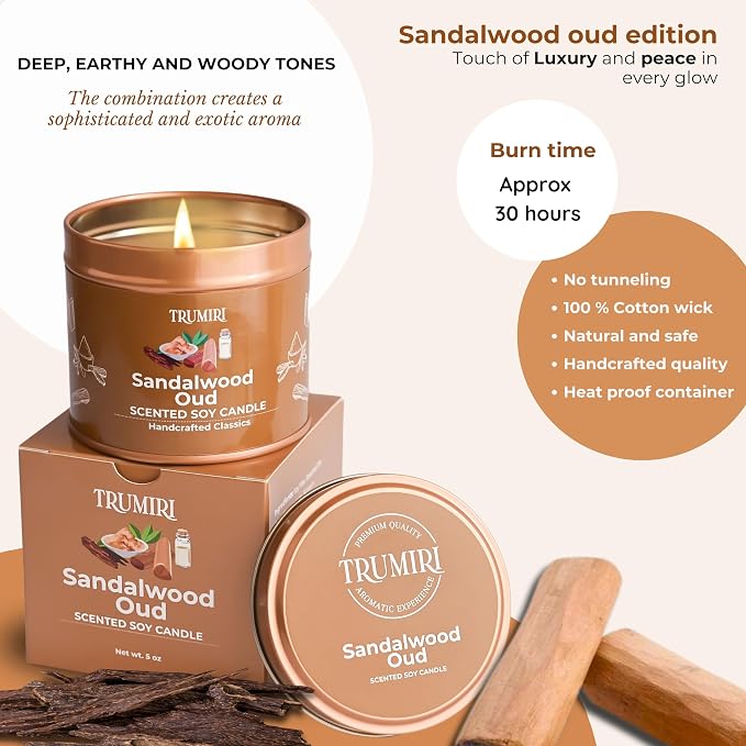 Sandalwood Oud - Scented Candles for Men - 5oz Natural Soy Clean Organic Non Toxic - Masculine Scent Gifts - Candel for Home Bedroom Bathroom Apartment Room Décor Aesthetic New House Essentials