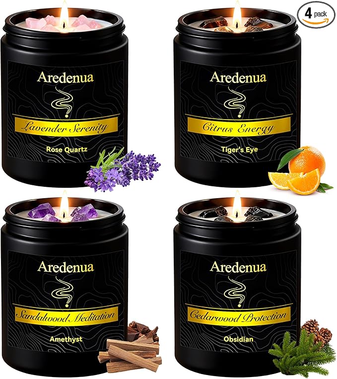 Scented Candles Set, 4 Pack Crystal Healing Candles with Rose Quartz Amethyst Tiger Eye Obsidian, 7oz Natural Soy Wax Candles, Lavender Citrus Sandalwood Cedar, Meditation Gifts for Women Men