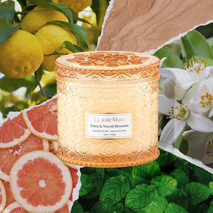 LA JOLIE MUSE Yuzu & Neroli Scented Candles for Home, Natural Soy 2-Wick | Large Jar Luxury Fresh Candle, Clean Non Toxic, Gifts for Women & Men, Spring Summer Candles, Pretty Candle, Citrus Orange