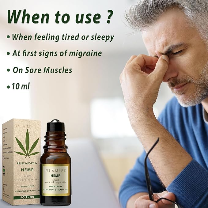 Migraine Headache Roll On Stick Hemp Peppermint Eucalyptus Clove Arnica Essential Oils Aromatherapy for Eaze Head Destress Gifts for Women Men