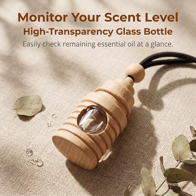 2 Pack Hanging Car Air Freshener Diffuser, Refillable Glass Bottle with Wooden Cap, Long Lasting Drift Car Air Freshener for Essential Oils - Car Fresheners, Car Accessories-A6