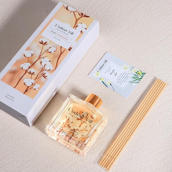 L'odeur Vill Reed Diffuser Set/Fresh Linen/3.38 fl.oz（100ML）/1 Pack with 6 Reed Sticks/Home Fragrance Diffuser, Oil Scent Diffuser for Bathroom Shelf Decor.