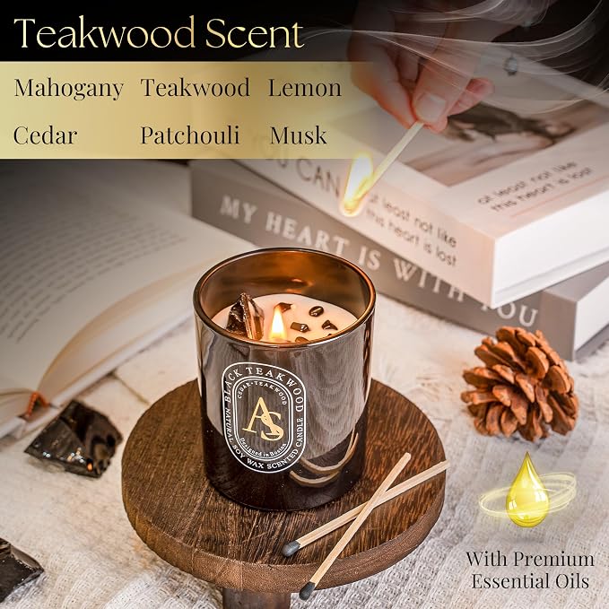 Scented Candle for Men with Luxurious Obsidian Bracelet, Teakwood for Home Scented, Hand-Poured Natural Soy Wax, Stress Relief Masculine Gift for Men, Dad, Boyrfriend, Powerful Manifestation Crystals