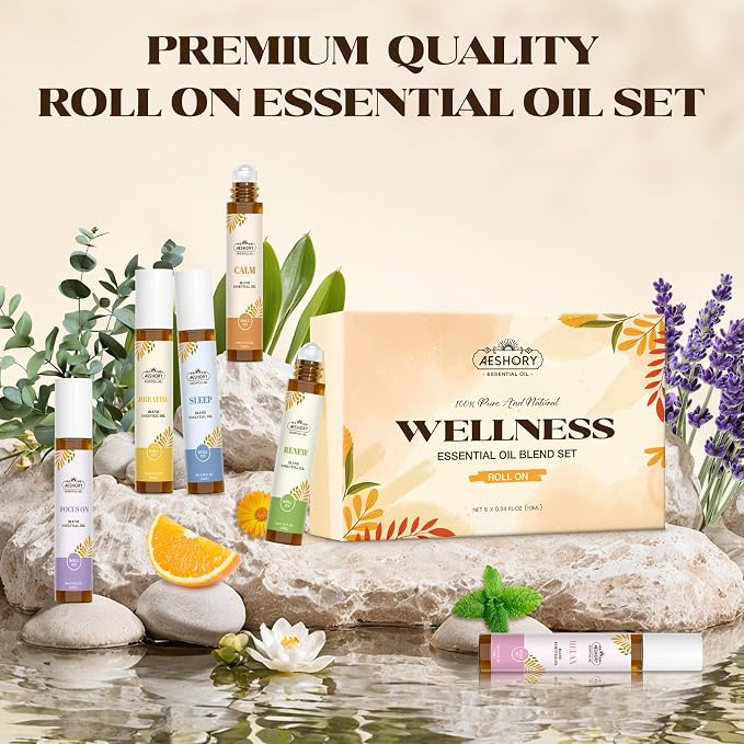 Essential Oils Roll On Set,Gifts for Father & Husband (Calm, Relax, Breathe, Focus on, Sleep, Renew), Natural Aromatherapy Oil Blend Kit with Roller Ball for Massage, Body Skin Care, Relaxation Gift