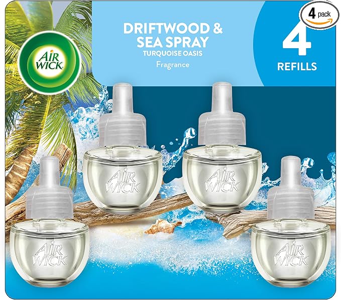 Air Wick Plug-In Scented Oil Refills, 4 Count, Driftwood & Sea Spray, Air Freshener, Essential Oils
