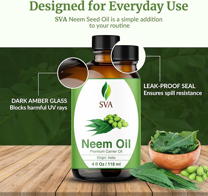 SVA Neem Seed Oil 4 Fl Oz - for Face, Skin Care, Hair Care, Scalp Massage & Body Massage – Carrier Oil with Dropper