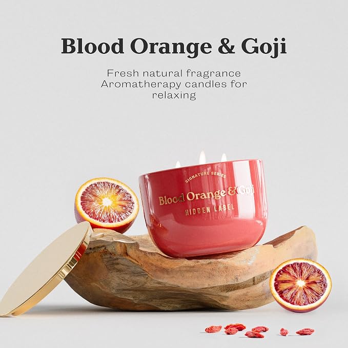 Hidden Label Blood Orange & Goji Scented Candles, 3 Wick Aromatherapy Candle for Home Scented, 18oz/70-Hour Burn Time, 100% Natural Soy Candle Non Toxic, Luxury Home Décor for Women and Men Gifts