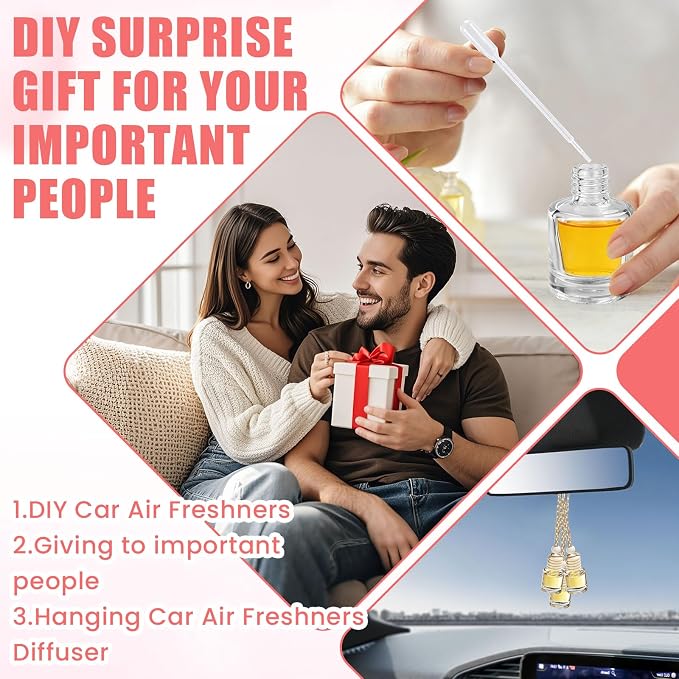 240 Pcs Car Diffuser Bottle Set with Wooden Caps,Dropper and Funnel, Empty Glass Car Air Freshener Bottle Bulk Hanging Essential Oil Fragrance Pendants for Car Decor，Can DIY Car Air Freshners Diffuser