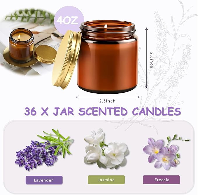 ACITHGL 36 Pcs 4oz Mini Mason Jar Candles Small Scented Candles Bulk Aromatherapy Ideal Souvenir Favors for Wedding Birthday Party (Freesia, Lavender, Jasmine, Amber)