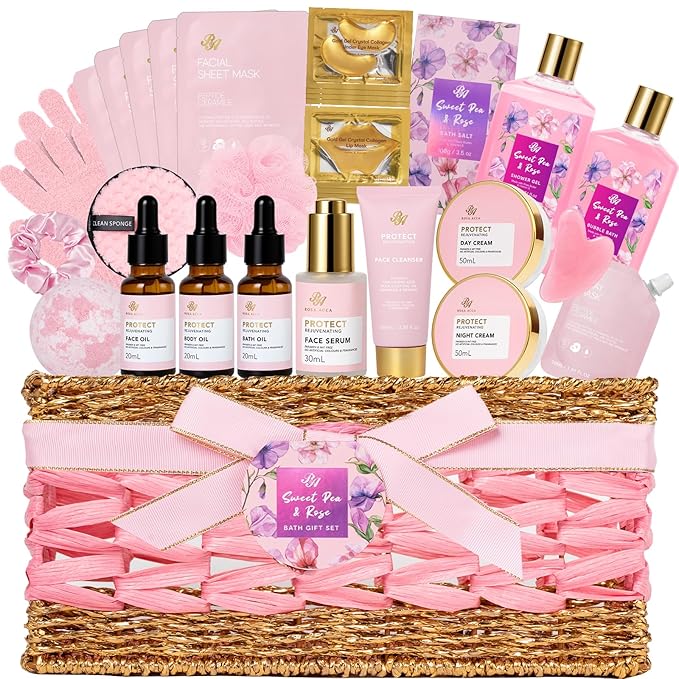 Gifts for Women, 32 Pcs Rose Bath and Body Gifts Basket Set for Women, Hydrating Facial Skin Care Set, Self Care Pampering Kit, Home Spa Basket Gift Set, Birthday, Christmas, Mothers Day, Anniversary