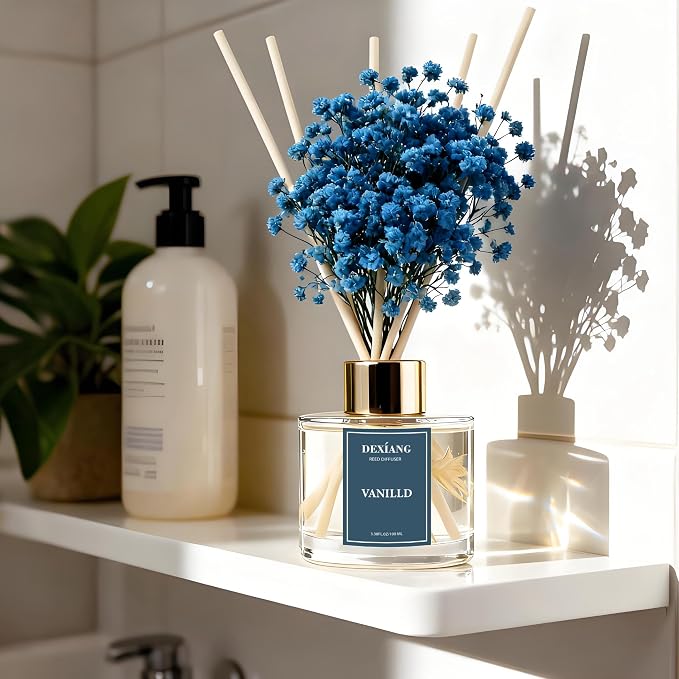Reed Diffuser Set - 3.38 fl oz Vanilla Premium Scented Oil with Preserved Baby's Breath & Cotton 6 Sticks | Long-Lasting Aromatherapy for Home, Bedroom, Bathroom, Office Home Decor