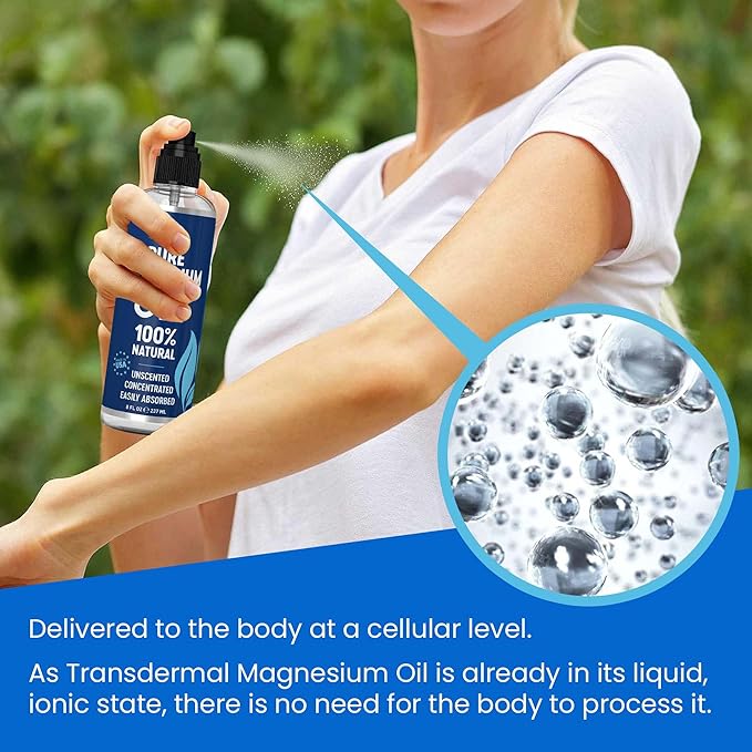 Pure Magnesium Oil Spray 8oz - Topical Magnesium Spray for Sleep & Feet - Extra Strength - USP Grade - 100% Natural and Organic Oil for Muscle Pain & Cramps - Less Sting - Less Itch - Made in USA