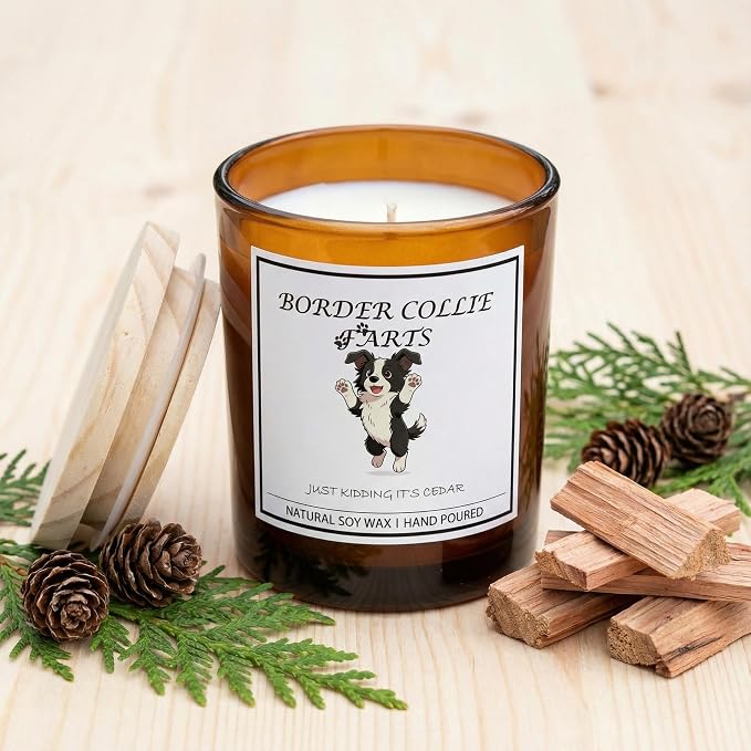 Border Collie Gifts for Women | Birthday Gifts for Mom | Light When Dog Farts Candle | Cedar By Natural Soy Wax | Pet Safe Friendly Memorial Candles for Home Scented Household Essentials