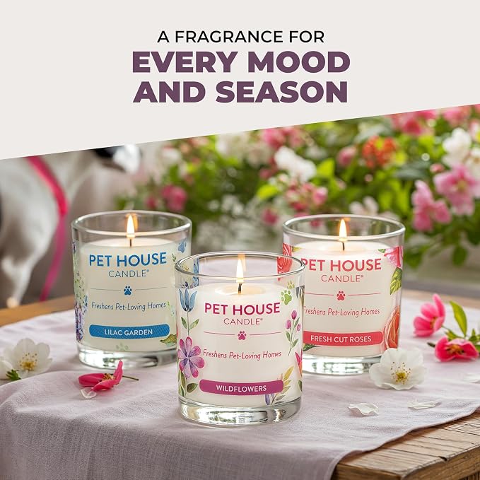 One Fur All Pet House Candle 2 Pack - Plant-Based/Soy - Clean Burning Scented, Long Lasting Pet Odor Candle for Home - Fresh Citrus, Lavender Green Tea
