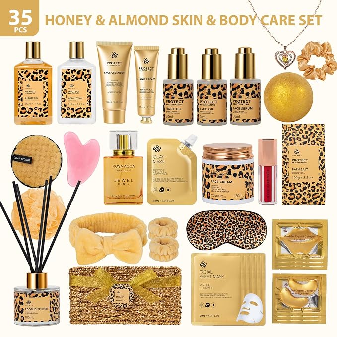 35 Pcs Mothers Day Gifts for Mom, Honey & Almond Bath & Body Gift Basket for Women, Face Skin Care Kit, Home Spa Basket Gift Set, Self-Care Gift Kit, Necklace, Birthday, Anniversary,Wife