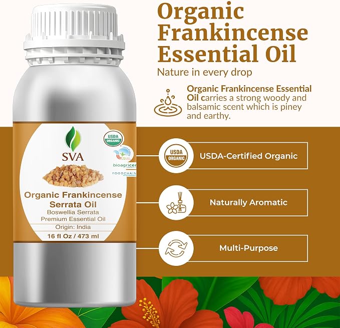 SVA Organic Frankincense Essential Oil – 16 Fl Oz – 100% Natural Boswellia Serrata Oil - for Diffuser, Hair Care, Face, Skin Care, Aromatherapy, Scalp and Body Massage, Soap and Candle Making