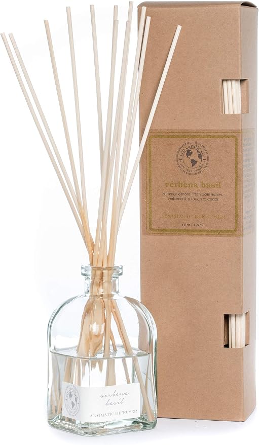 ECO CANDLE CO. Reed Diffuser Set, Verbena Basil, 4 oz. - Scents of Lemons, Verbena, Basil, & Cedar - Premium Fragrance and Essential Oil Blends, Clear Glass, 12 Reed Sticks, Recycled Kraft Box