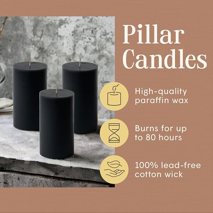 Mister Candle Dripless Unscented Pillar Candles, Set of 3 Hand Poured Black Pillar Candles, Solid Color Non-Scented Candles for Home Decor, Premium Wax, 80 Hr Burn Time, 3x6 Inch