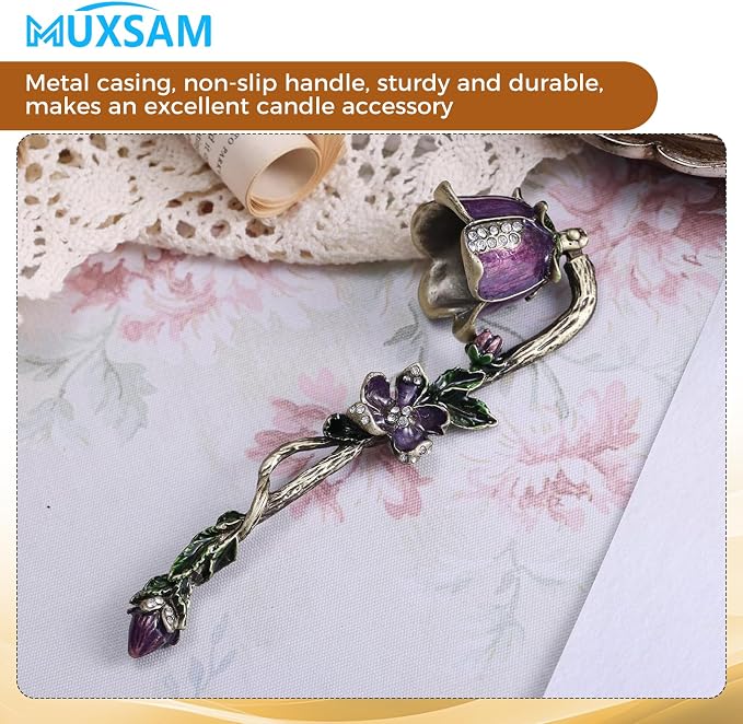 MUXSAM Vintage Candle Snuffer, Candle Extinguisher with Long Handle, Metal Wick Flame Snuffer for Putting Out Candle Flame Safely, Floral Candle Snuffers Accessory for Candle Lovers, Purple